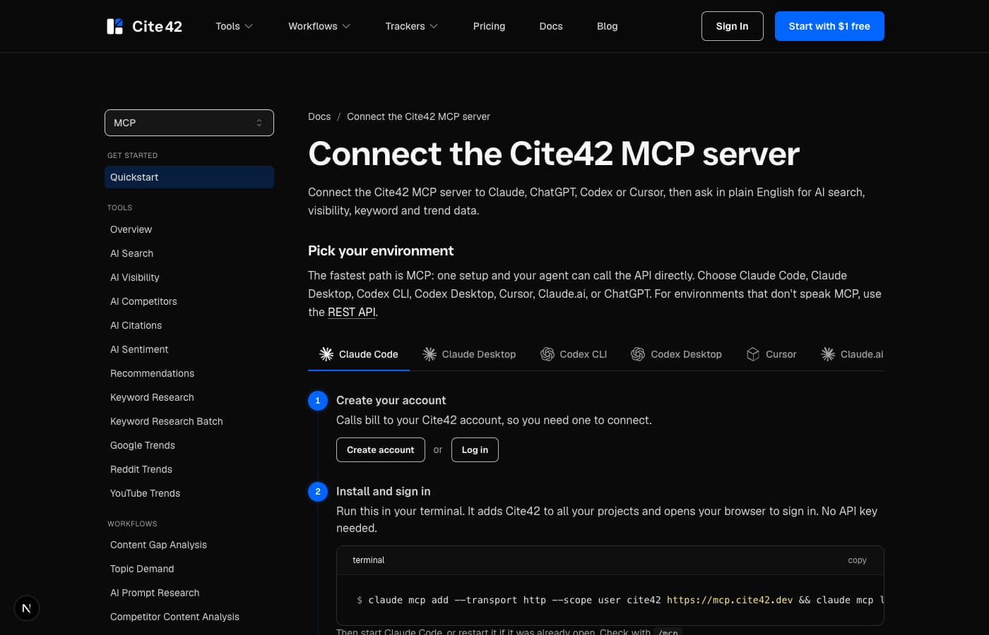 Cite42 MCP quickstart page with the Claude Code tab selected and the claude mcp add command