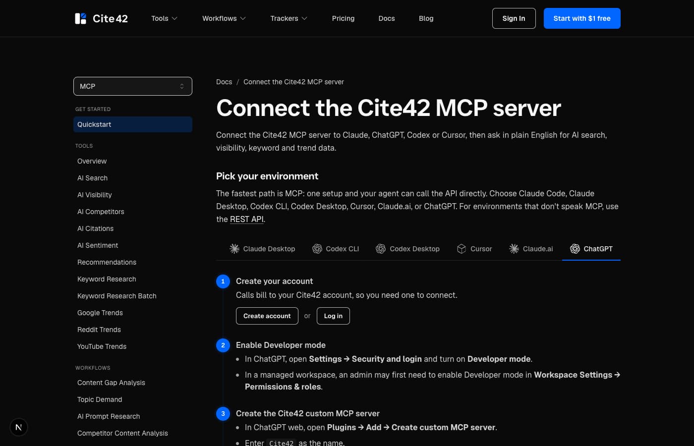 Cite42 MCP quickstart with the ChatGPT setup tab selected