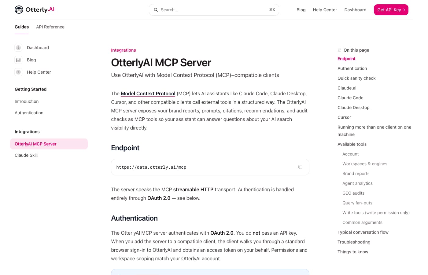 OtterlyAI's MCP documentation showing its endpoint and OAuth authentication requirements